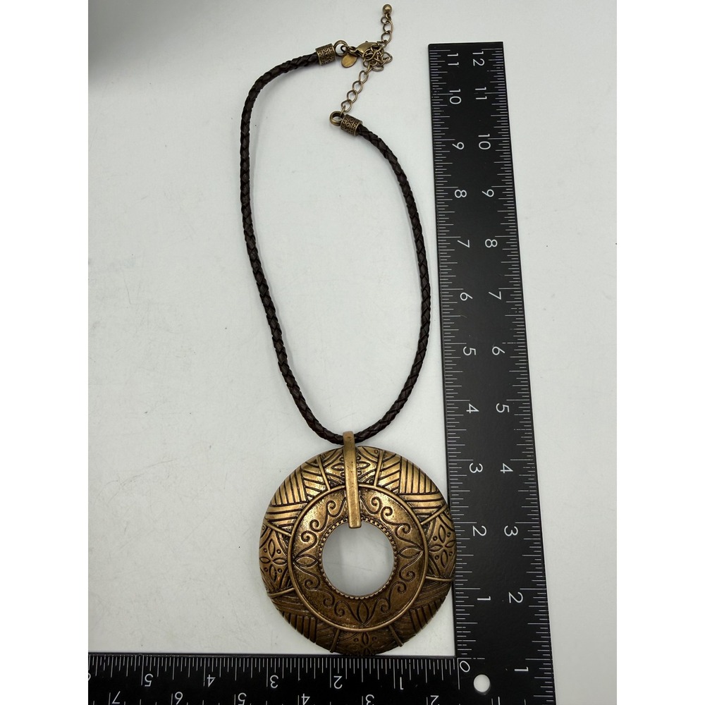Chicos Bronze Tone Tribal Etched Round Pendant Braided Cord Necklace Statement - Picture 2 of 4